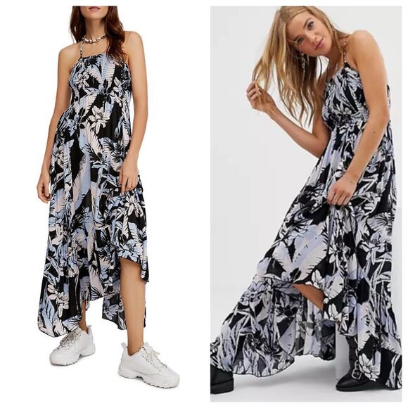 Free People Heat Wave Printed Maxi Slip Dress Large Blue Floral Bohemian - Picture 1 of 13